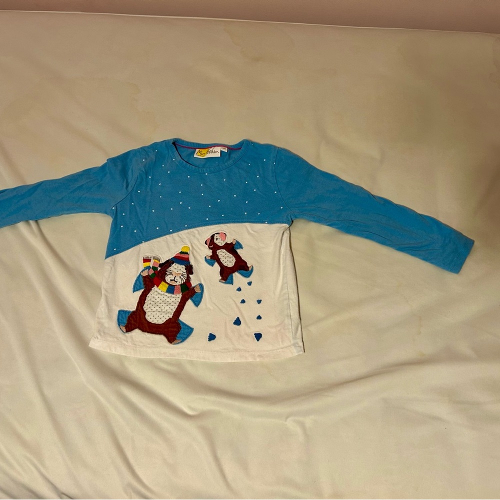 Mini Boden Blue and White Long Sleeve Tee with Guinea Pigs playing in the winter